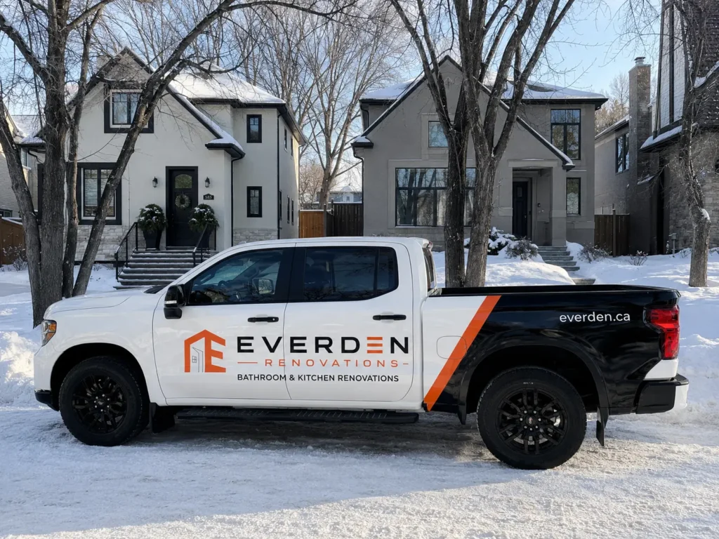 Vehicle branding concept illustration with an Everden-branded pickup in a winter street scene.