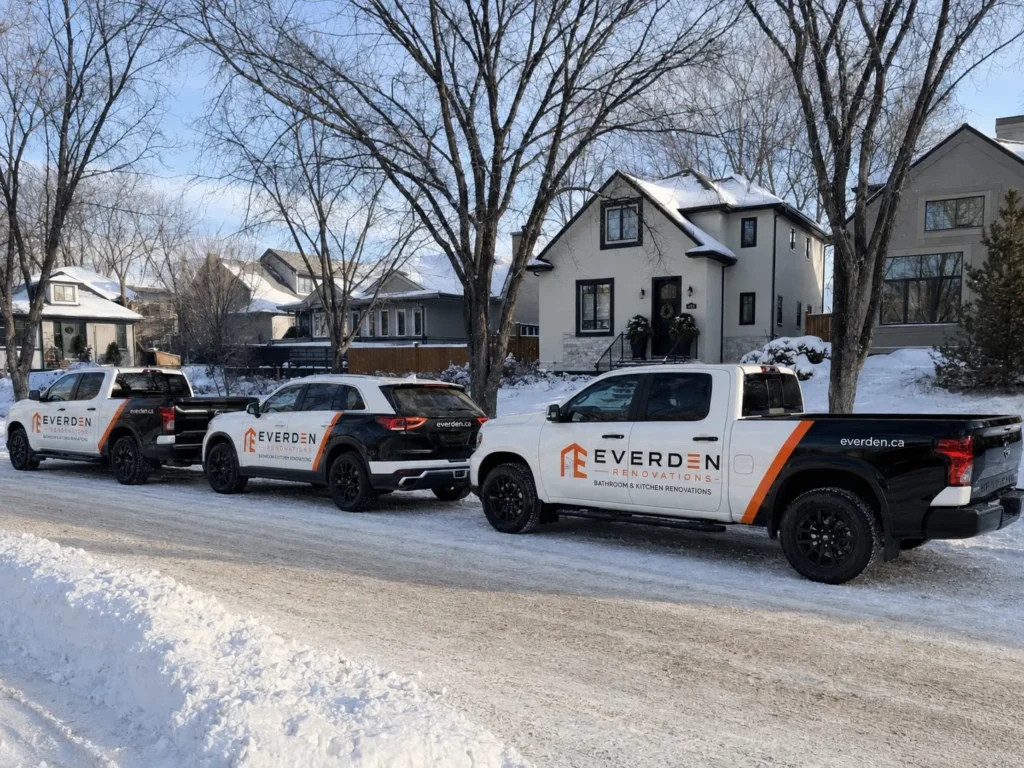 Vehicle branding concept illustration with Everden-branded vehicles in a winter street scene.
