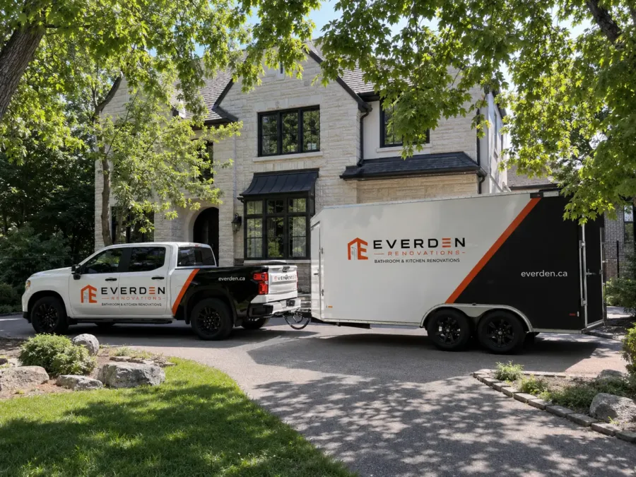 Vehicle branding concept illustration with an Everden-branded truck and trailer outside a house.