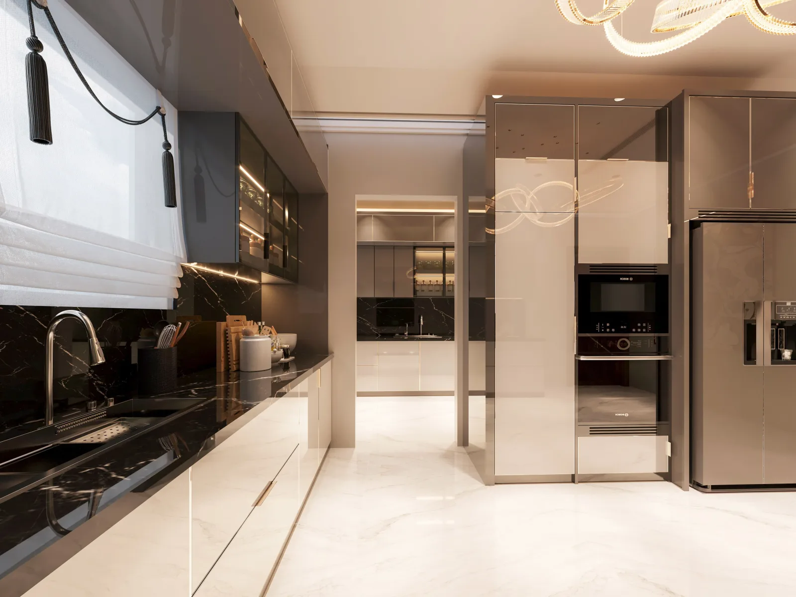 Modern kitchen with marble countertops, contemporary cabinetry and integrated appliances